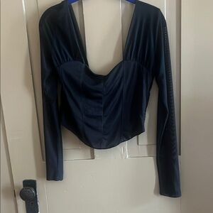 BKE Blue Long Sleeve Crop Bodysuit with Ruched Bustier Style